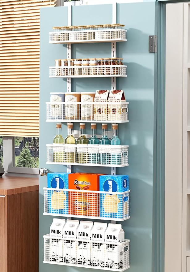 Bunoxea 6-Tier Over The Door Pantry Organizer,Hanging Spice Rack,Over Door Adjustable Basket with Handle,Pantry Organization And Storage, Laundry Room,Bathroom,Large Capacity,D5.3xW15.7xH60.9in
