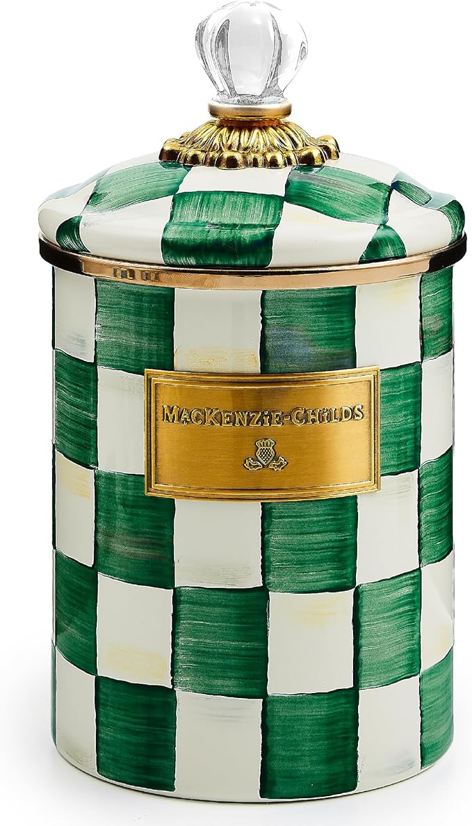 MACKENZIE-CHILDS Medium Enamel Canister, Kitchen Storage Container with Lid, Green-and-White Emerald Check