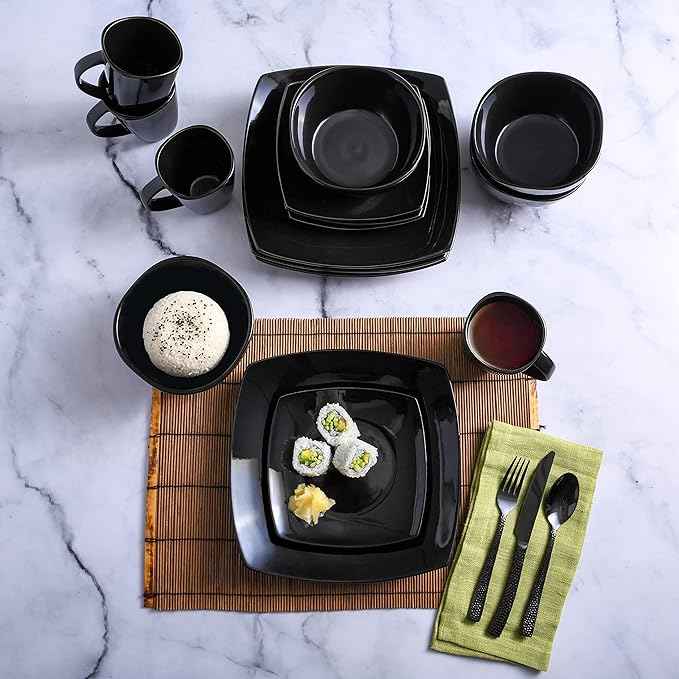 Gibson Elite Soho Lounge Square Reactive Glaze Stoneware Dinnerware Set, Service for 4 (16pc), Black