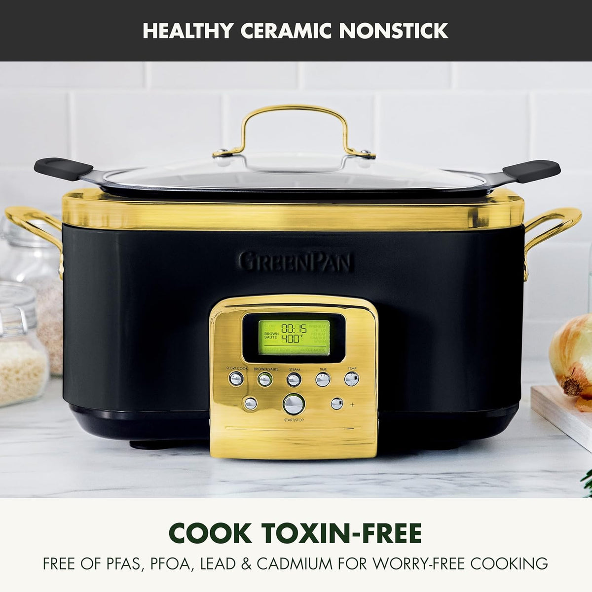 GreenPan Elite 8-in-1 Programmable 6QT Electric Slow Cooker, Dishwasher Safe Lid & Removable Crock, PFAS-Free Healthy Ceramic Nonstick Multi-Cooker, Sear, Sauté, Brown, Steam Basket, Roast, Gold
