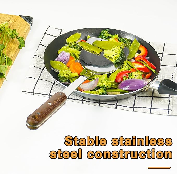 FJNATINH Stainless Steel Wok Spatula,Ladle,Skimmer Ladle Tool Set,Mirror Polished Cooking Utensils with Wooden Handle,Easy to Clean Wok Accessories,Sliver 3 PCS
