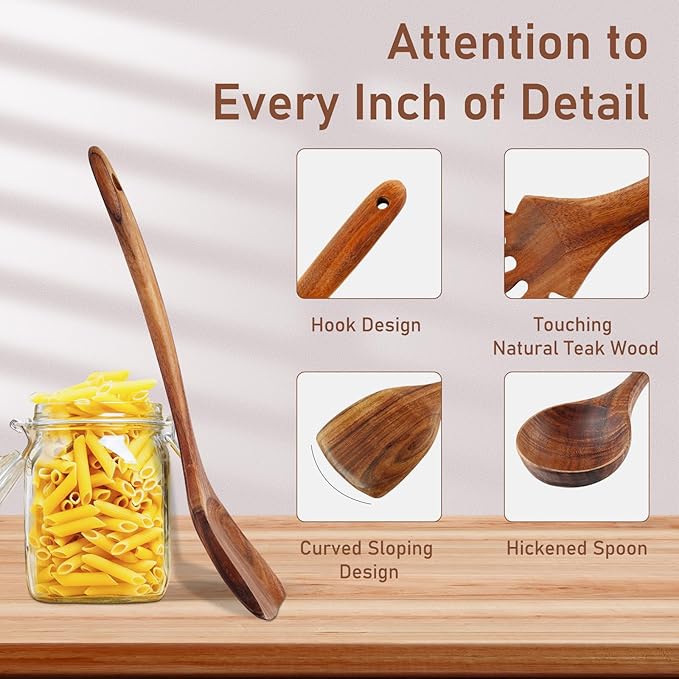 FJNATINH 3-Piece Teak Wooden Wok Spatula Set, Wooden Kitchen Utensil Set, 100% Natural Teak Wood Cooking Utensils