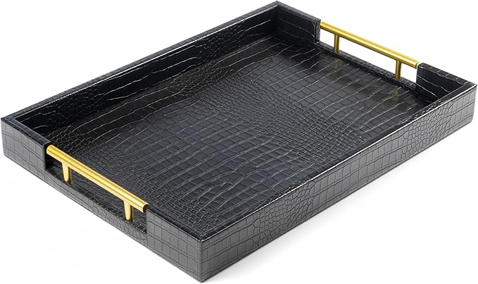 17" x 12" Wood Serving Tray with Gold Polished Metal Handles, Home Decorative Wooden Rectangle Ottoman Leather Decor Platter Bathroom Vanity Tray for All Occasions Alligator Black