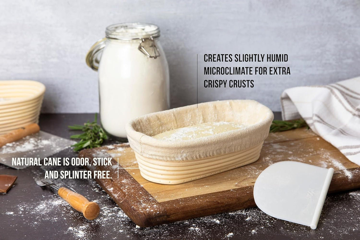 Kook Banneton Bread Proofing Set, Artisan Sourdough Bread Making Kit, 9.8 Inch Rattan Baskets and Liners, Metal & Plastic, Scrapers, Scoring Lame & Case, 4 Extra Blades, Set of 2, Oval
