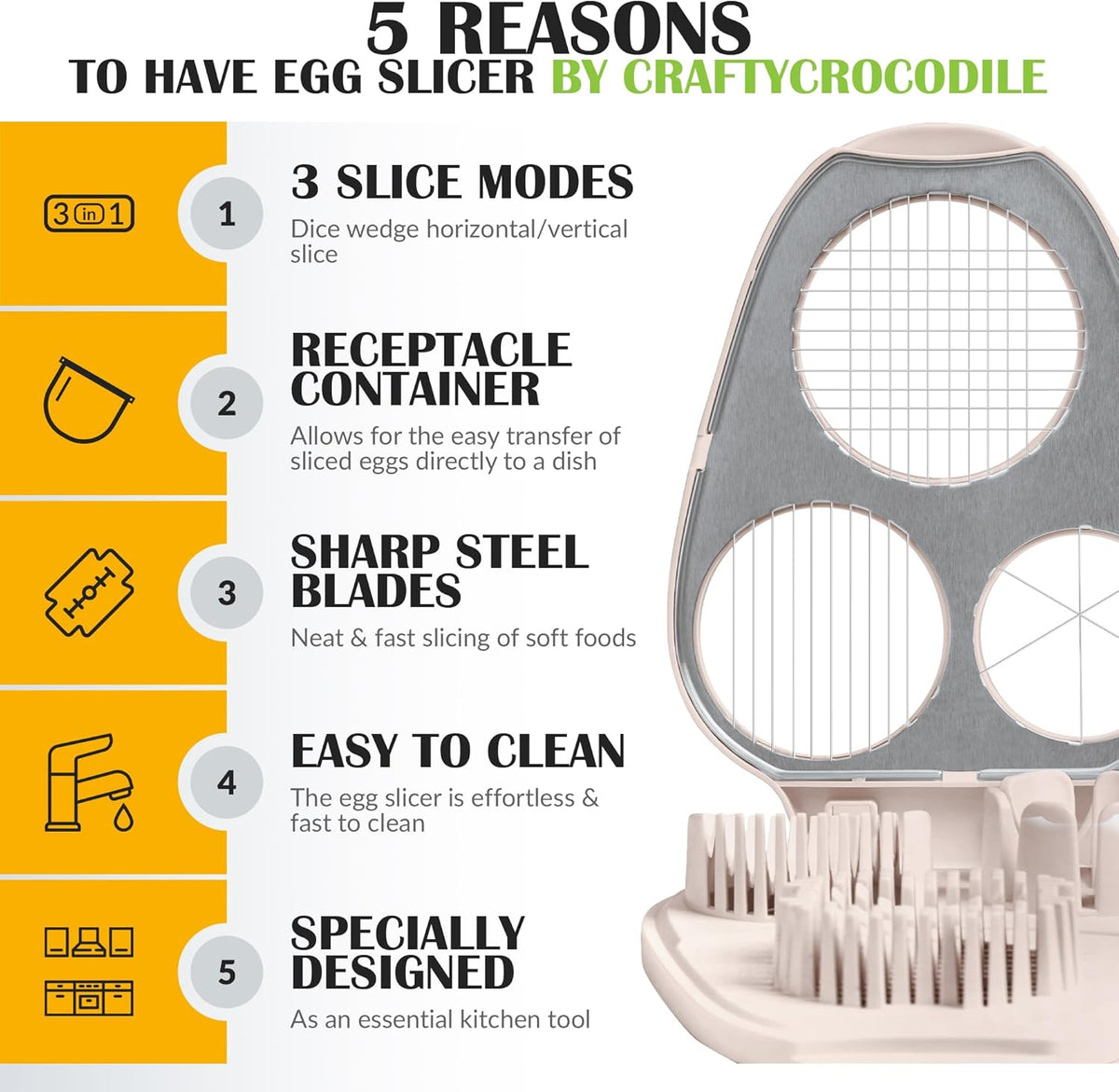 CraftyCrocodile Egg Slicer for Hard Boiled Eggs - 3 Slice Modes Egg Cutter, Heavy Duty, Stainless Steel Dicer - Kitchen Chopper Tool for Strawberry, Mushroom, Grape, Cherry Tomato - Light Beige