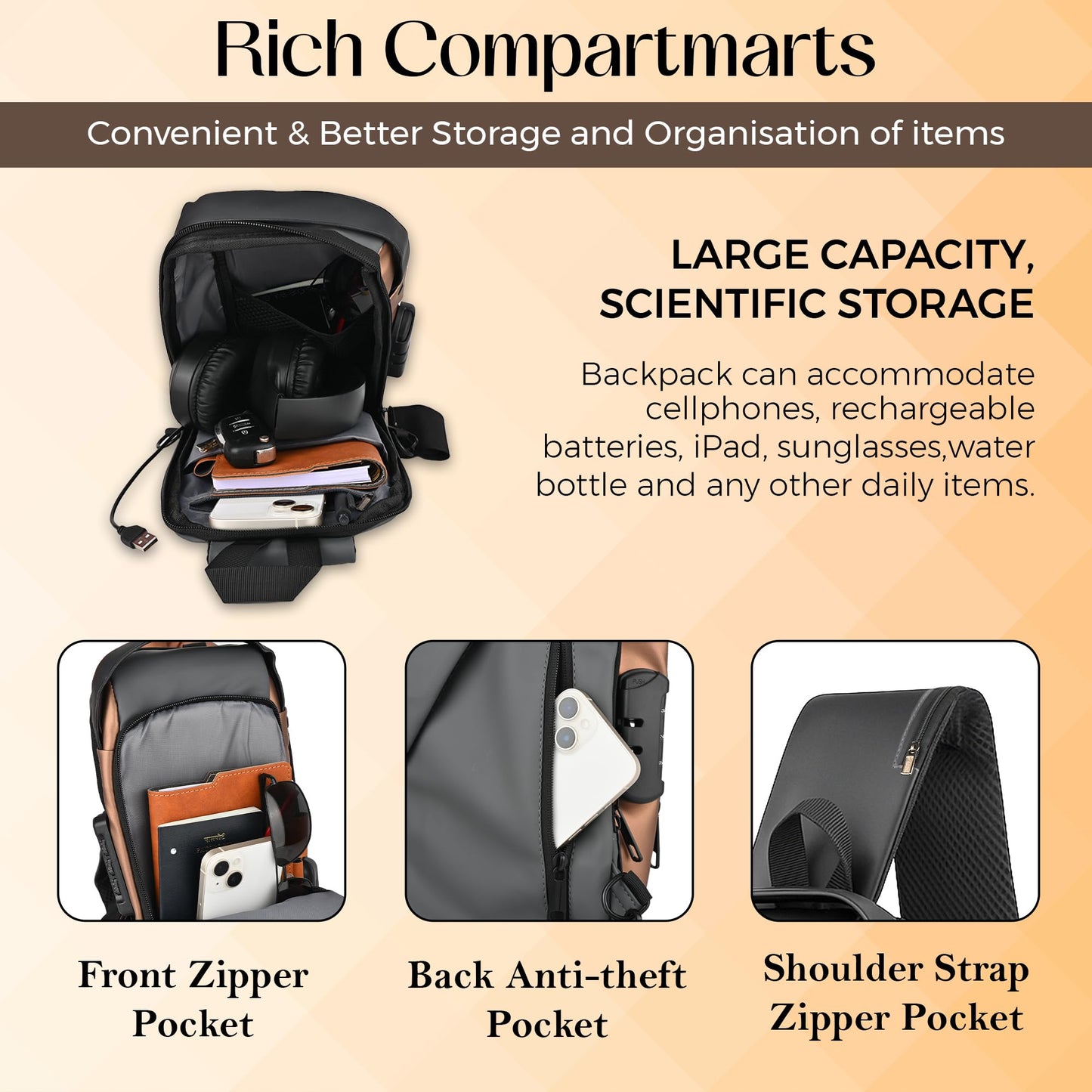 TS WITH TECHSUN Anti-Theft Sling Bag for Men with USB Port – Water-Resistant Chest Crossbody Backpack - Travel, Work, Cycling