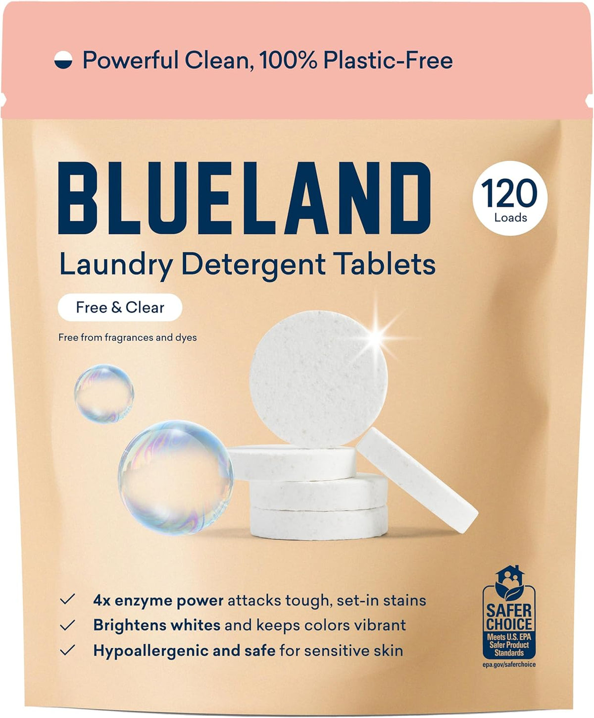 BLUELAND Laundry Detergent Tablets, 120 Count, Plastic-Free Eco-Friendly Pods, Sheets, Liquid Alternative - Fragrance Free and Clear, Natural, Gentle