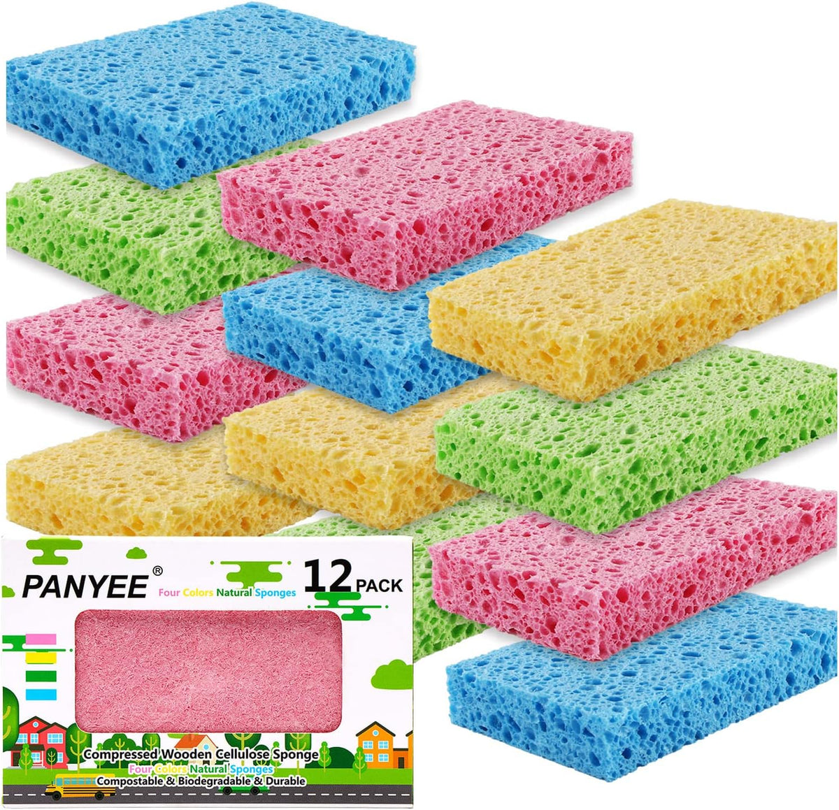 Compressed Cellulose Kitchen Sponges 12Pack，Non-Scratch Biodegradable Natural Colorful Sponge Scrub for Dishes Cleaning,Funny DIY Sponge for Kids