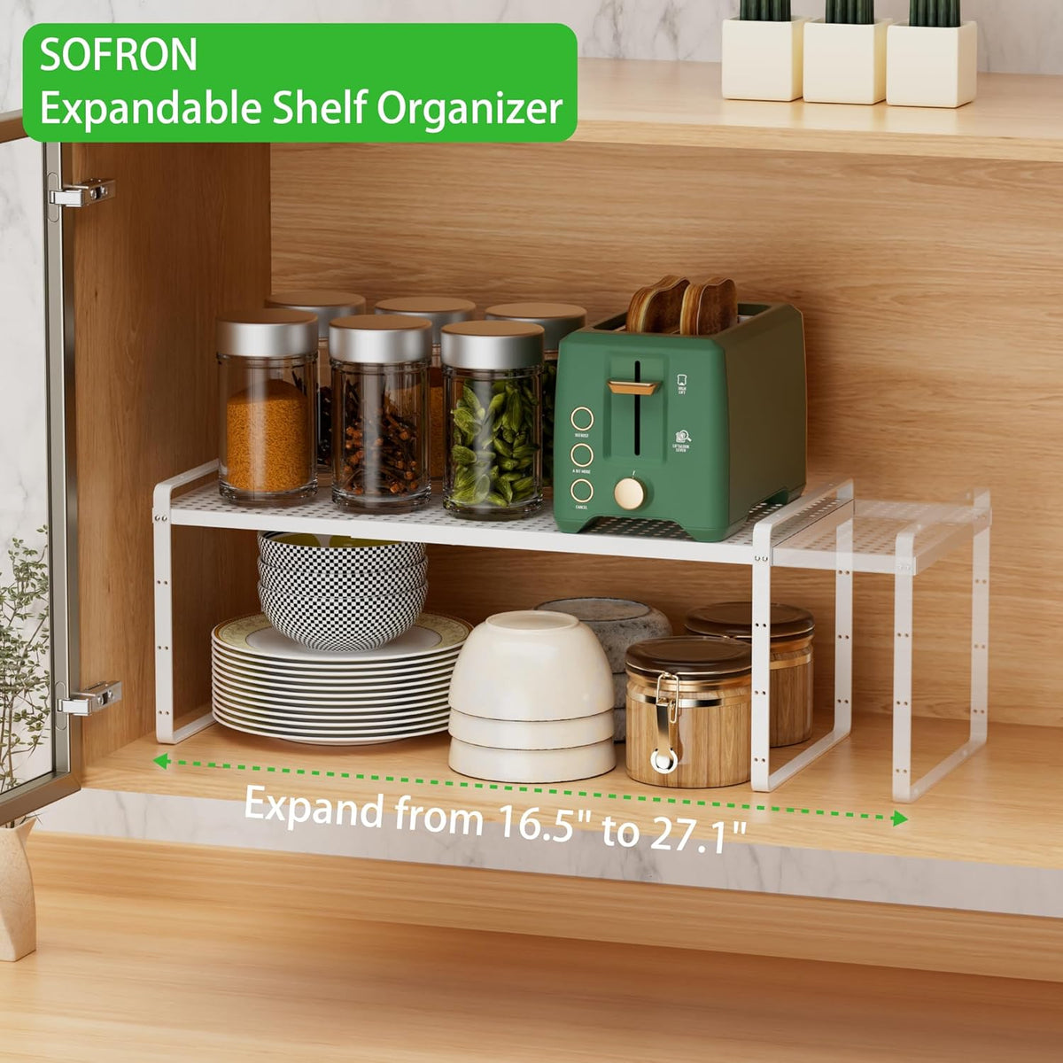Expandable Cabinet Storage Shelf Stackable Organizer Rack for Kitchen Bathroom Pantry Spice Cupboard Coffee Countertop Home Office Desk Heavy Duty Nonslip White Large 3 Packs