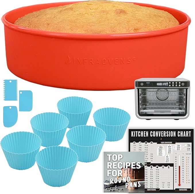 Air Fryer Baking Pan For Ninja Foodi XL Pro DT200, Double Oven with FlexDoor DCT400, Prestige Smart XL, Toaster Oven Bakeware Sets with Cupcake Liners & Conversion Chart, Nonstick Round Cake Molds
