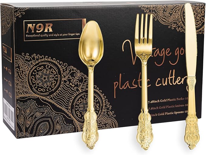 N9R 300pcs Gold Plastic Silverware Dinnerware Flatware- Heavyweight Plastic Cutlery Set, 100 Forks, 100 Spoons, 100 Knives, Gold Utensils for Party, Thanksgiving, Christmas