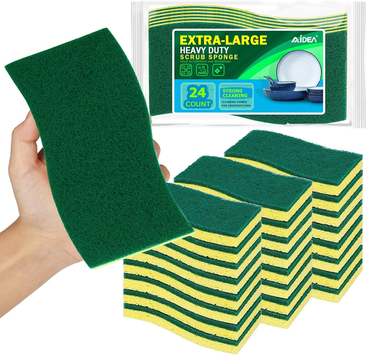AIDEA XL Scrub Sponges 24Count, Sponges for Dishes, Extra Large Sponge for Cleaning Kitchen and Household, Heavy Duty Sponge Safe for Non-Coated Cookware, Cleaning Power for Bathroom, House