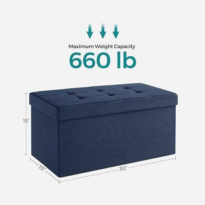 SONGMICS MAZIE Collection - 30 Inches Folding Storage Ottoman Bench, Ottoman Foot Rest, End of Bed Bench, Storage Chest, Load 660 lb, for Living Room, Bedroom, Entryway, Midnight Blue ULSF47IN