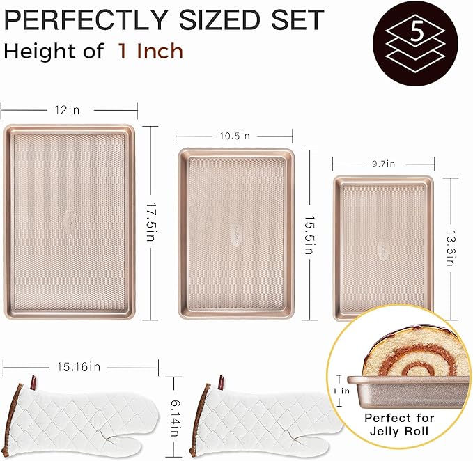 HONGBAKE 3 Pack Gold Nonstick Baking Sheet Pan Set with Oven Mitts Heat Resistant, Non-Toxic Half/Quarter/Jelly Roll Pans with Diamond Texture Pattern, Heavy Duty 0.8mm Thick Cookie Trays for Cooking