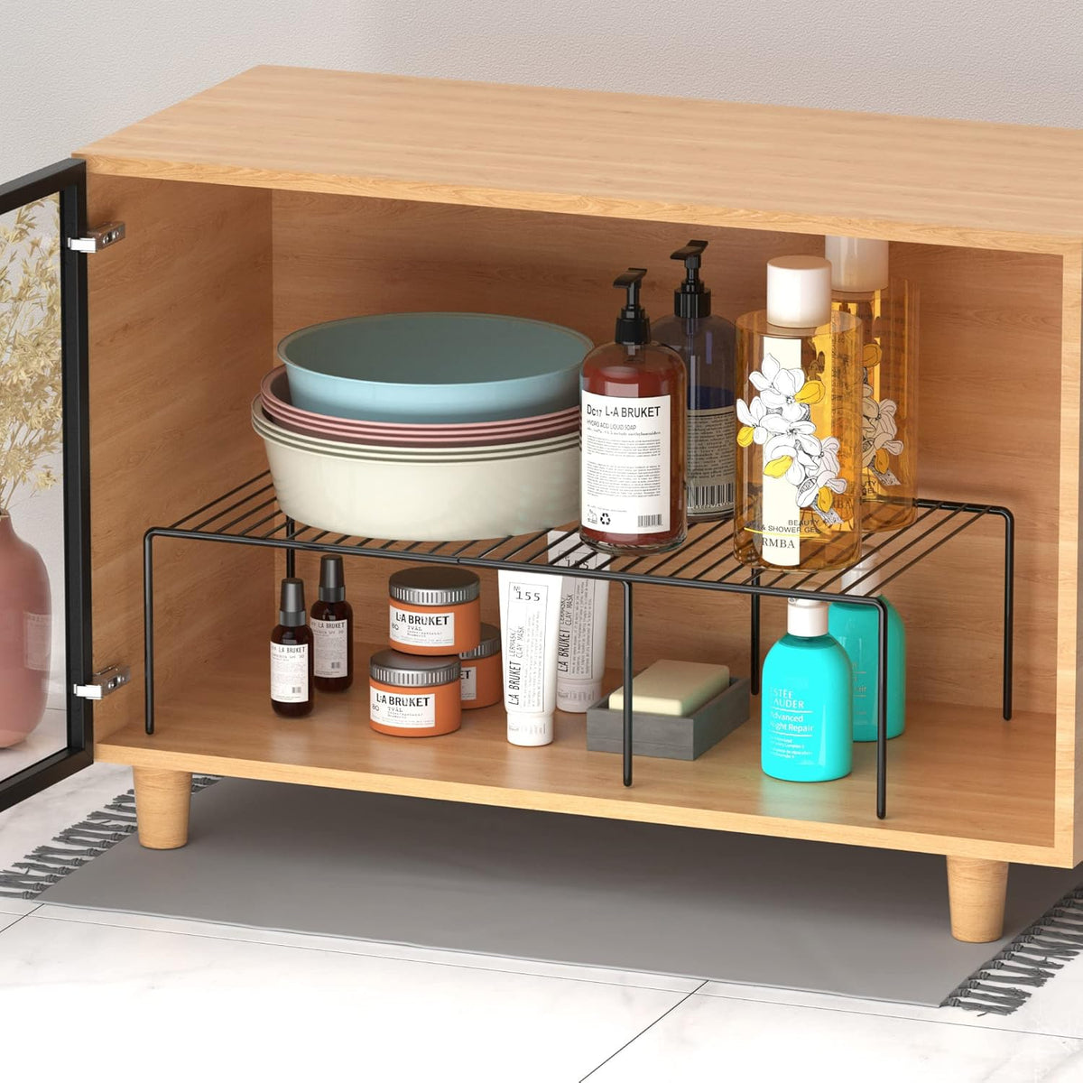 Redrubbit Expandable Metal Rustproof Kitchen Counter and Shelf Rack, 4 Piece Set of 2, Space Saver for Kitchen, Fridge, Bathroom
