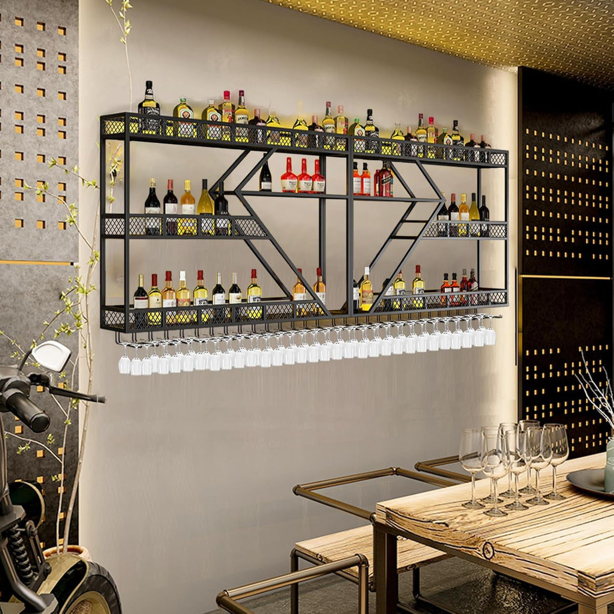 Metal Wine Rack Wall Mounted, Modern Wine Storage Rack Wall Mounted with Wine Glass Holder, Liquor Shelf, Bar Shelves for Liquor Bottles (3TIERS Black, 94.48 * 7.87 * 33.85INCH)