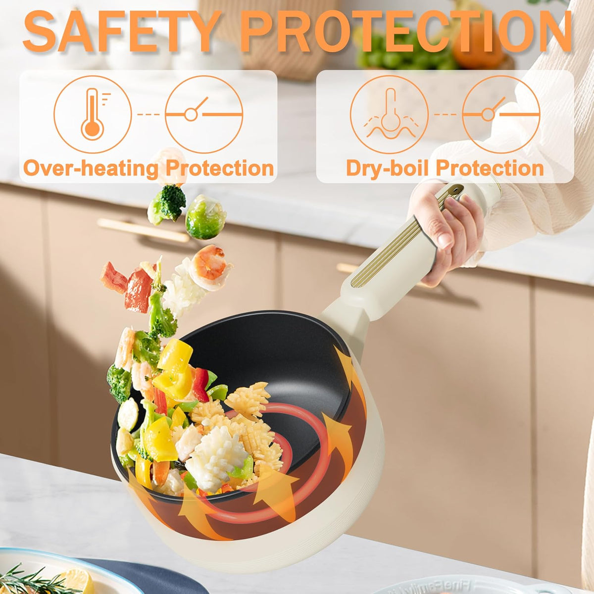 TOPWIT Hot Pot Electric, 2L Multifunctional Electric Pot, Non-Stick Sauté Pan, Portable Pot for Steak, Egg, Fried Rice, Ramen, Soup with Dual Power Control (Silicone Spatula Included), Beige