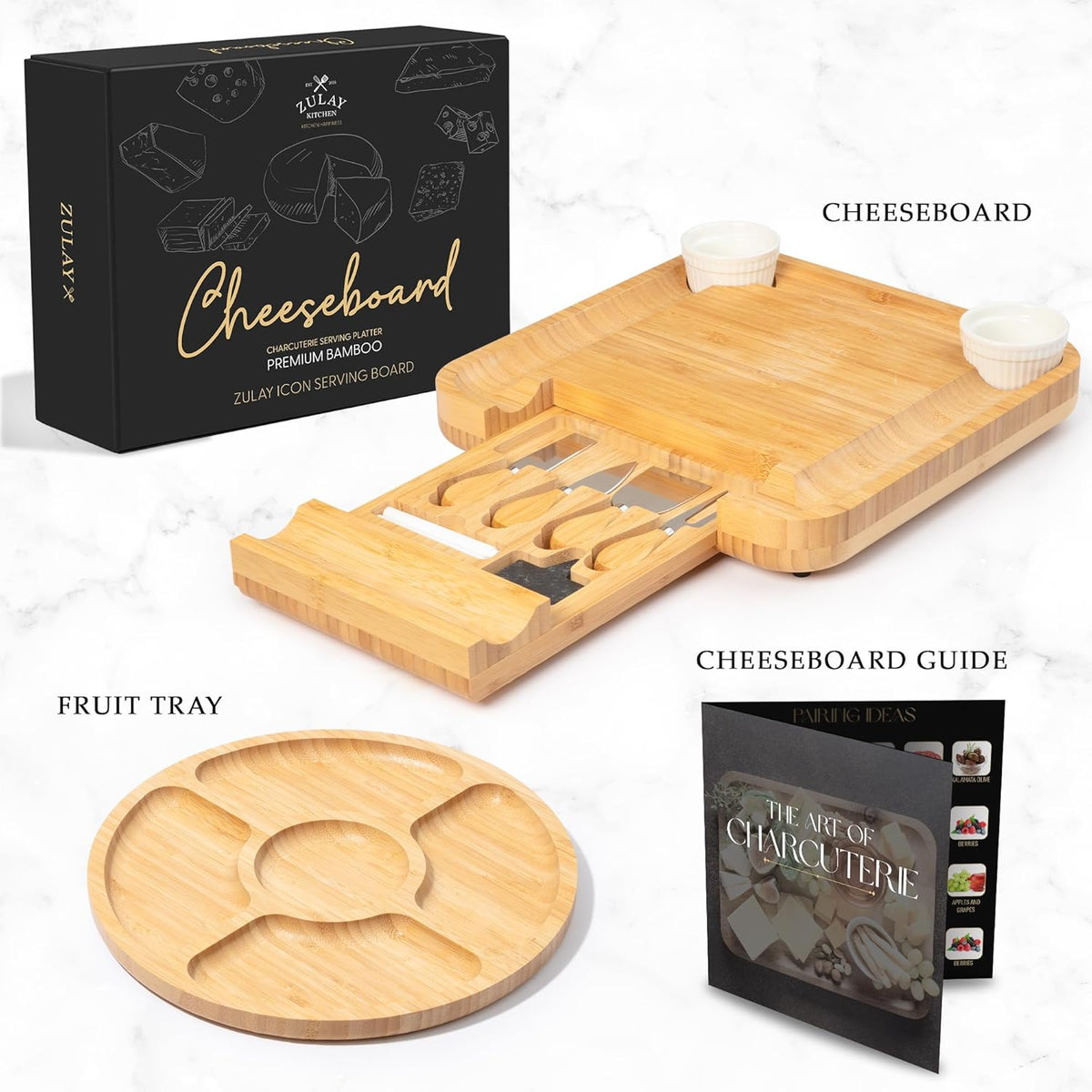 Zulay Kitchen Premium Bamboo Cheese Board Set - Extra Thick Bamboo Charcuterie Board Set with 4 Piece Knife Set - Wooden Cheese Board is Perfect for Charcuterie, Wine and Cheese (Party Set) - Icon
