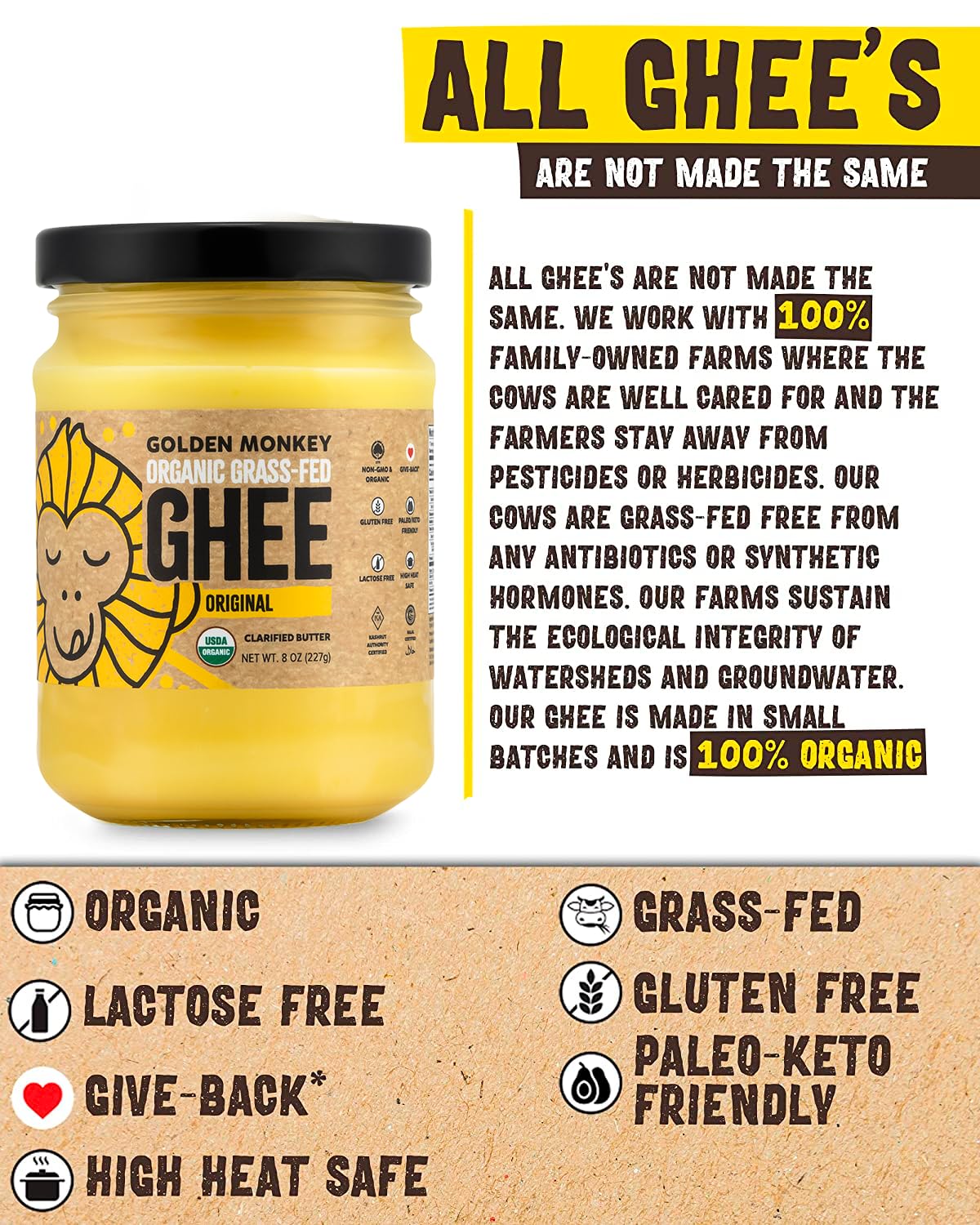 GOLDEN MONKEY Organic Ghee Butter – Grass Fed Clarified Butter for Cooking, Baking, Keto & Gut Health – Ghee Butter Organic Grass Fed from Small Farms – Smooth Spread with High Smoke Point (8oz)