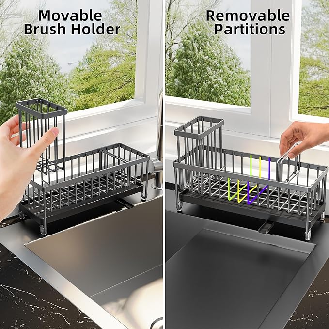 Moforoco Extra Large Sponge Holder for Kitchen Sink Organizer Caddy, Dish Brush Scrubber Holder,Stainless Steel Sink Box Utensil Holder,Soap Dispenser Set Tray Counter Accessories(Grey)