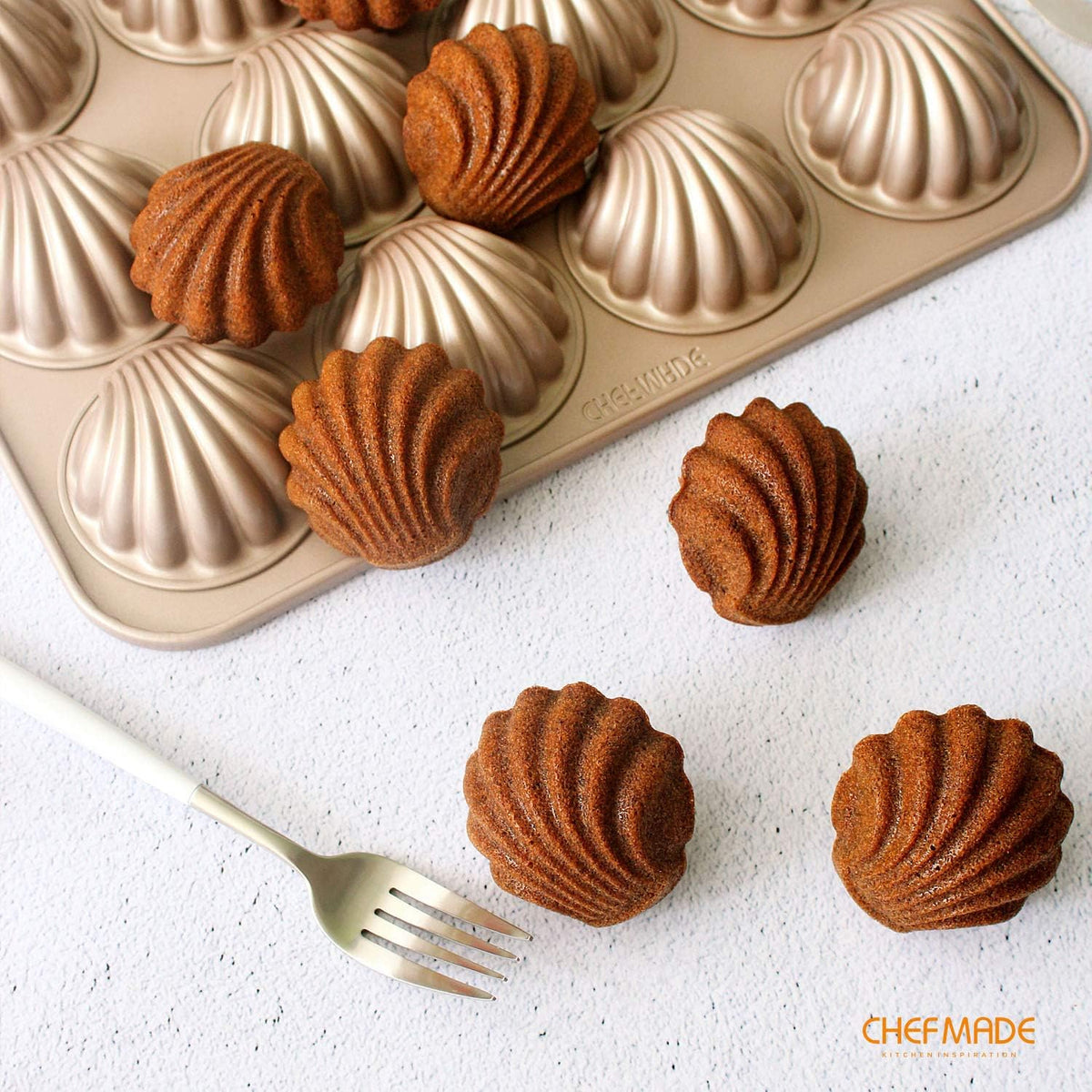 CHEFMADE Madeleine Mold Cake Pan, 12-Cavity Non-Stick Spherical Shell Madeline Bakeware for Oven Baking (Champagne Gold)