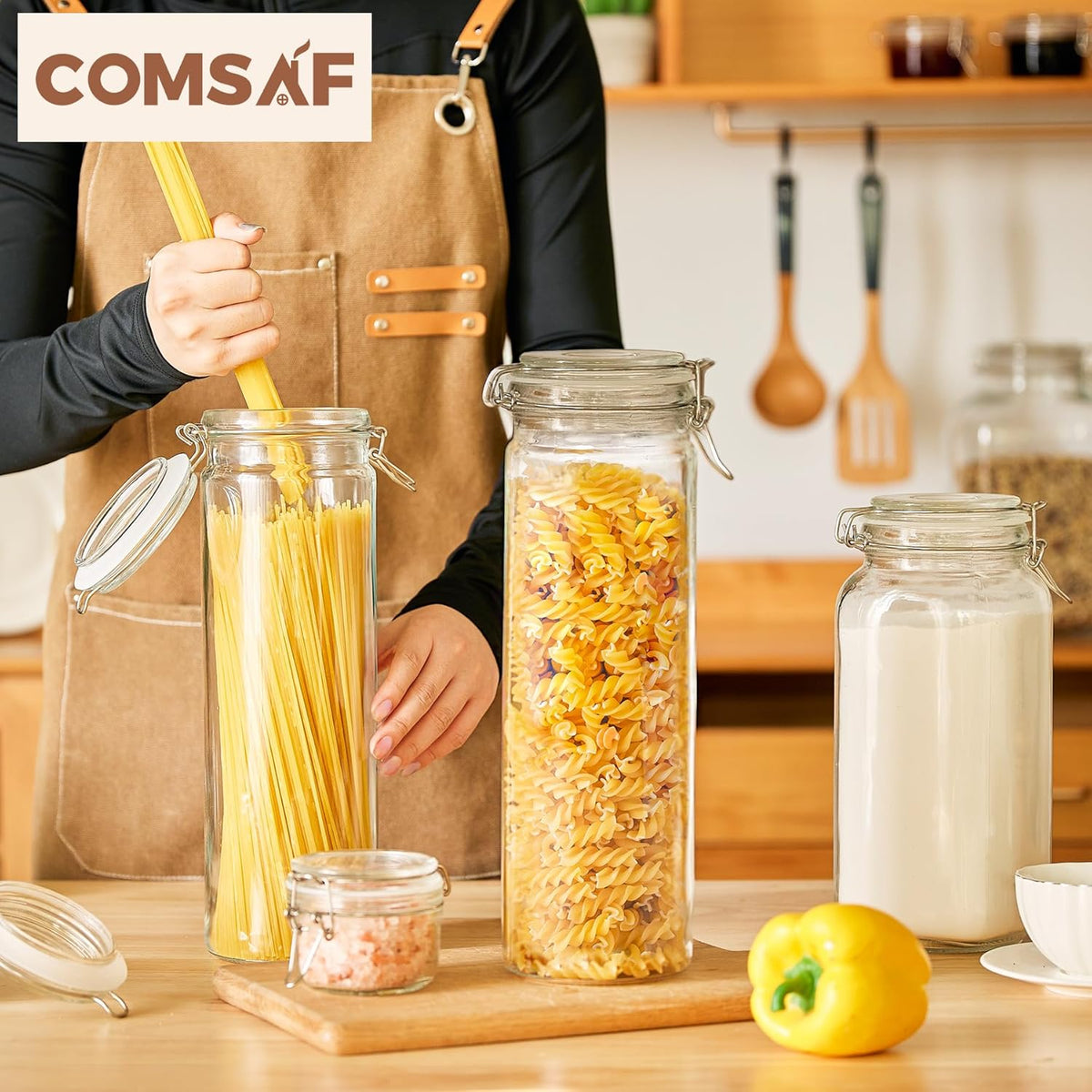 ComSaf 60oz Airtight Glass Jars Set of 3 with Lids Food Storage Jar Round - Tall Spaghetti Container with Clear Preserving Seal Wire Clip Fastening, Pasta jar for Kitchen Canning, Nut,Oat, Dry Goods