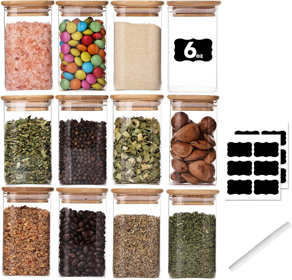 6oz Glass Spice Jars with Bamboo Lid and Label, 12 Pack Square Glass Container, Small Food Storage Containers for Kitchen, Clear Empty Seasoning Jar for Sugar, Salt, Coffee Bean, Herb, Borosilicate