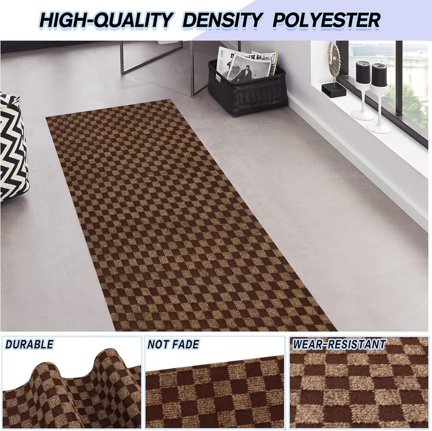 Custom Size Backed Non-Slip Area Rugs Runner, Easy Clean, Waterproof Runner Rugs for Hallway Entryway, Kitchen, Laundry, 4FT x 34FT, Brown Checkered