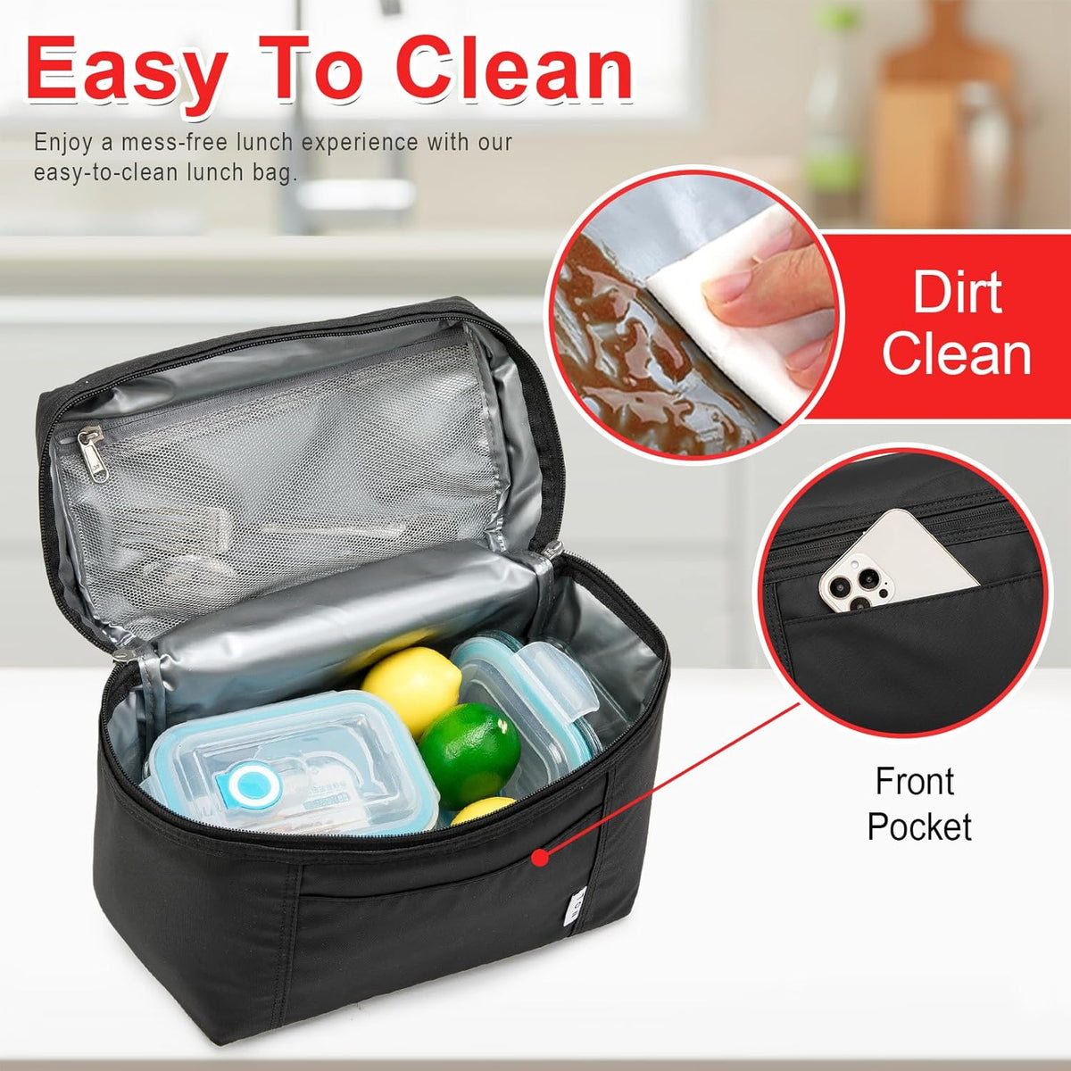 NOL Natural Organic Lifestyle Reusable Lunch Bags for Adults Lightweight Waterproof Lunch Box with Removable Adjustable Strap Insulated Leakproof Cooler Lunch Bag for Work Black Medium Size