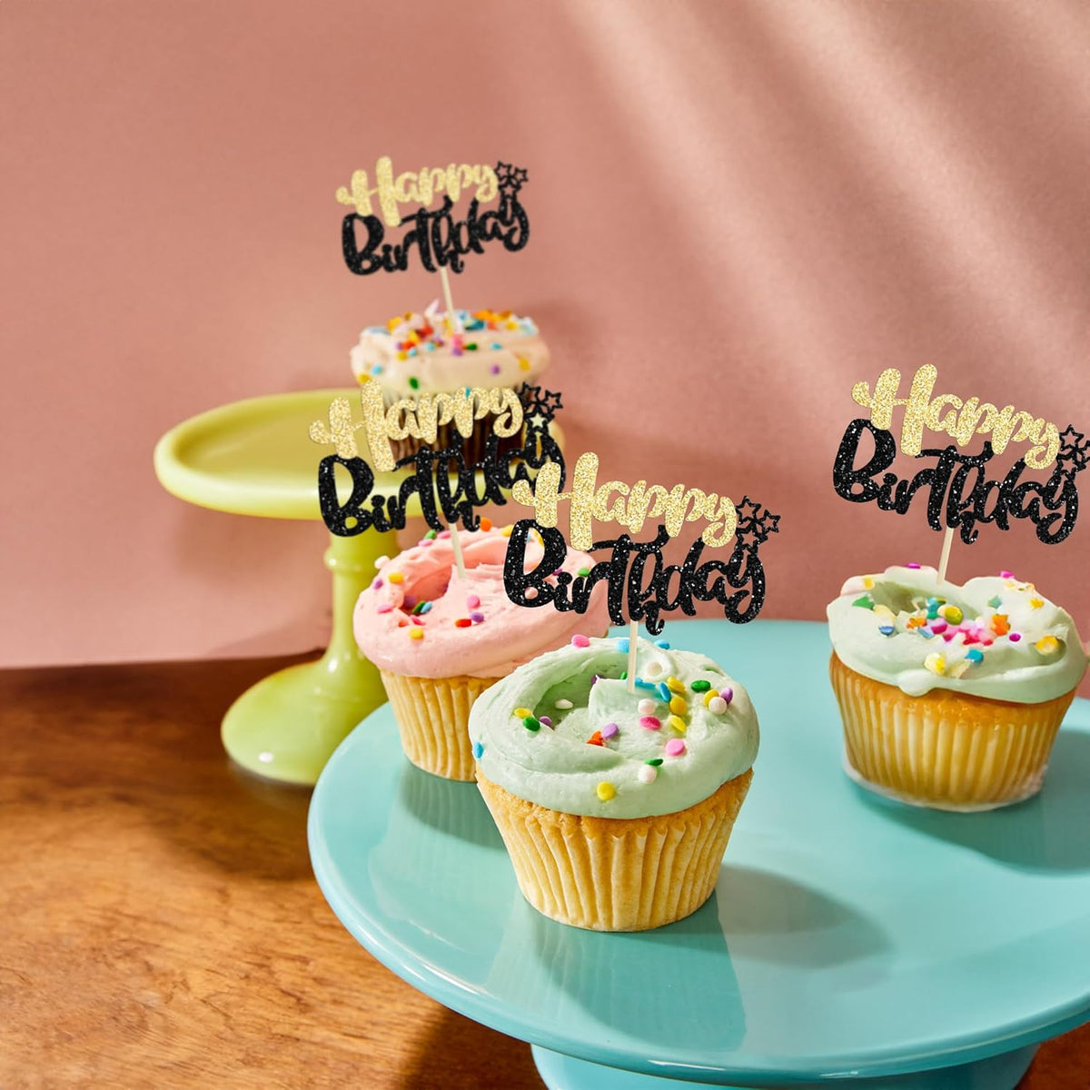 Ephlyn 24Pcs Happy Birthday Cupcake Toppers Double Layer Glitter Happy Birthday Cake Decorations for Celebrating Baby Shower Theme Kids Boys Girls Birthday Party Cake Decorations Supplies Black Gold