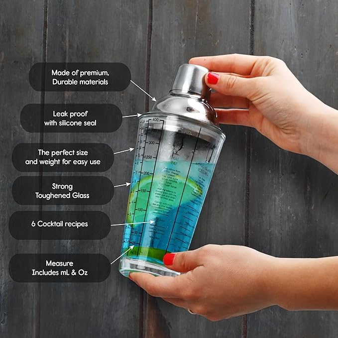 EVERYDAY COCKTAIL - Professional Glass Cocktail Shaker 14 oz, Martini Shaker with Recipes and Measurements, Built-in Strainer and Leakproof Seal, Clear Bar Tool for Margaritas, Martinis