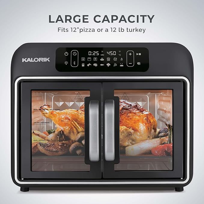 Kalorik Air Fryer Convection Oven Designer Series 26-Quart with Dual Speed Fan Easy Pull French Doors and 14 Smart Cooking Presets, Includes 5 Cooking Accessories, 1700-Watts, Black