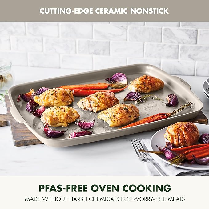 GreenPan Premiere Ovenware Healthy Ceramic Nonstick 18" x 13" Half Rectangular Baking Pan, PFAS-Free, Warp-Free Bakeware, Durable Quick Heating Tray, Oven Safe to 600F, Dishwasher Safe, Taupe