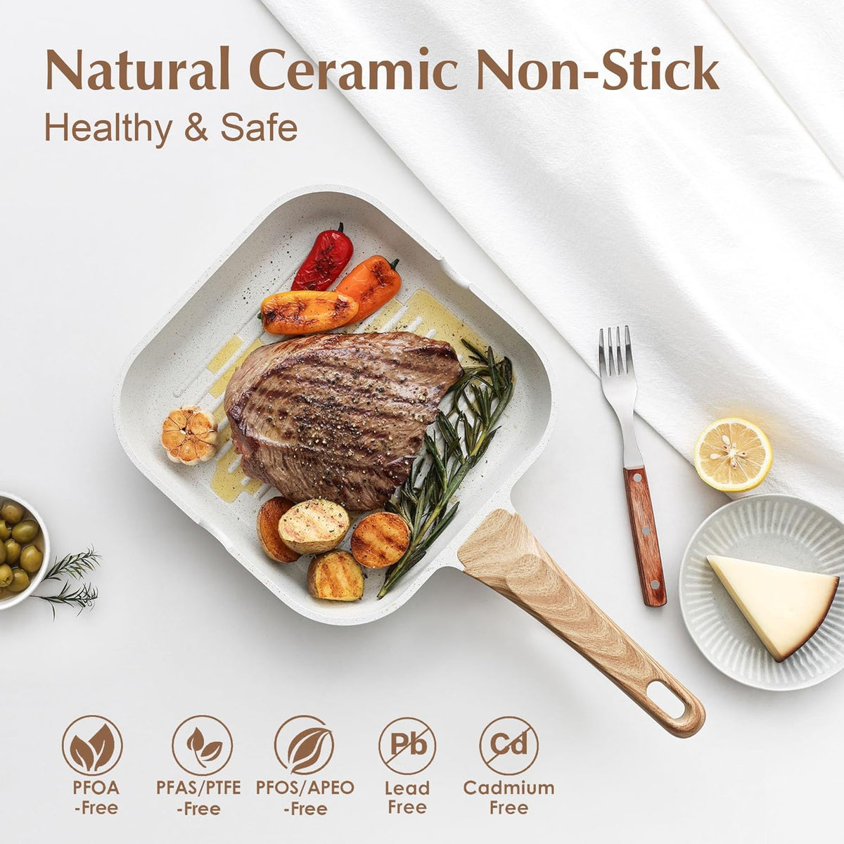 SENSARTE Nonstick Ceramic Grill Pan for Stove Tops, Versatile Square Grilling Pan with Pour Spouts, Durable Grill Skillet for All Stoves, Steak Bacon Pan, Non Toxic-PTFE,PFAS,PFOA Free, 11 Inch
