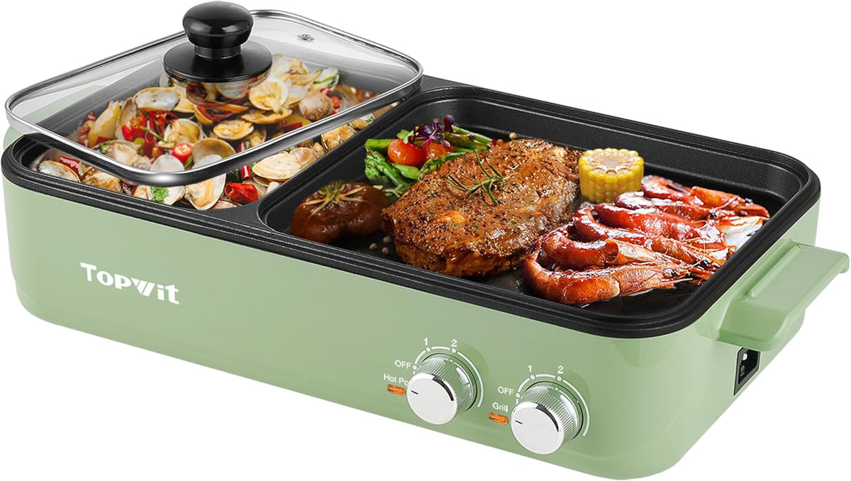 Topwit Hot Pot Electric with Grill, 2 in 1 Indoor Non-Stick Electric Pot and Griddle for Korean BBQ, Steaks, Shabu Shabu and Noodles, Independent Dual Temperature Control, Fast Heating, Green