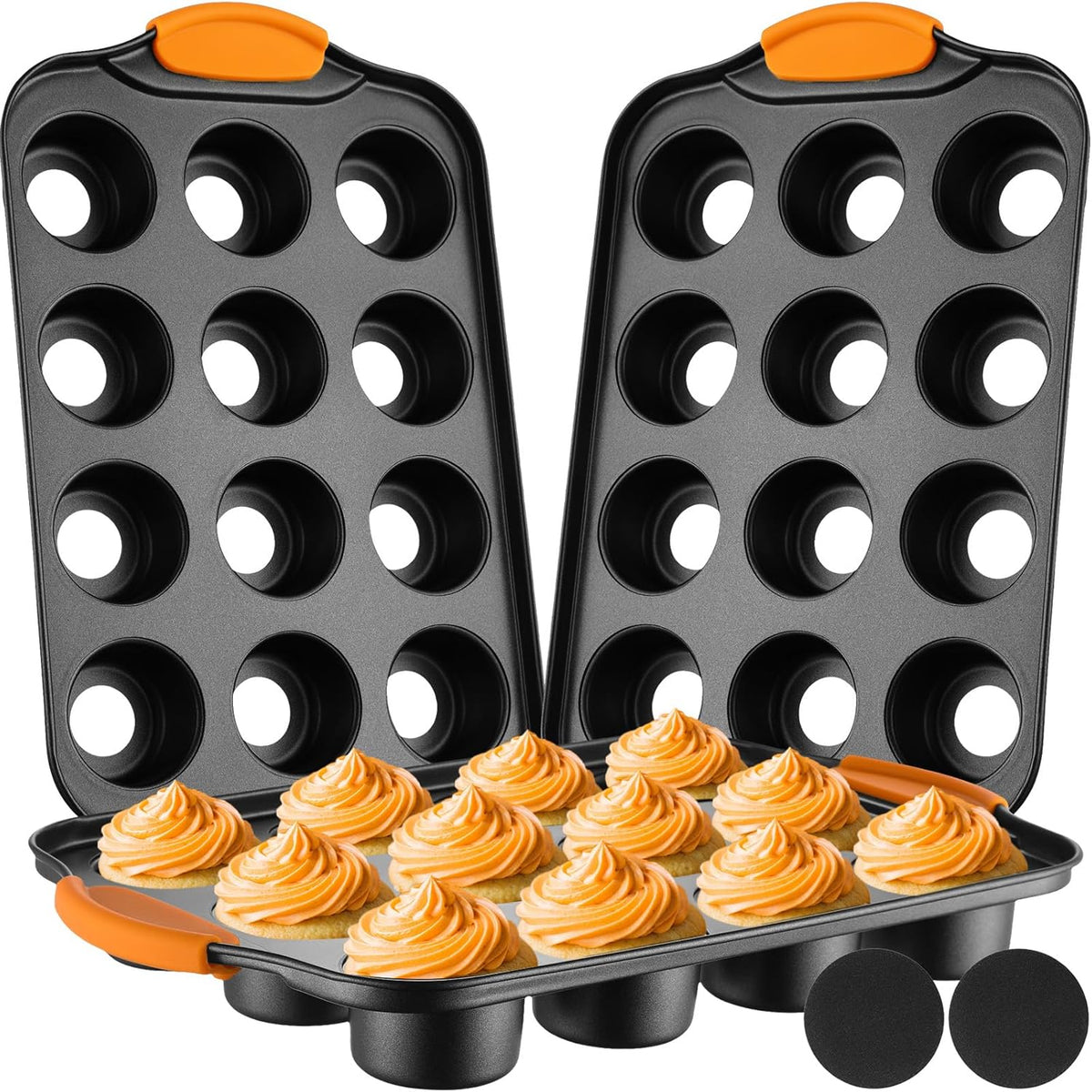 Uiifan 3 Pack Mini Cheesecake Pans Removable Bottom 12 Cavity Mini Cupcake Pan with Silicone Handle Nonslip Anti Heat Nonstick Carbon Steel Muffin Mold 13" x 8" Baking Molds(Orange)