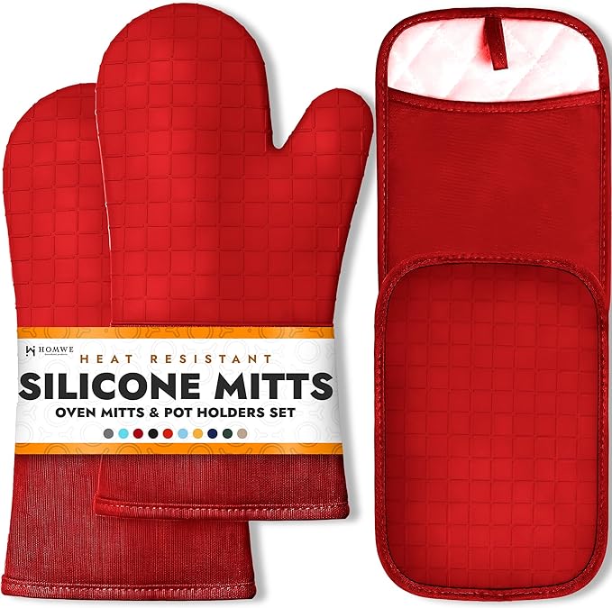 HOMWE Silicone Oven Mitts and Pot Holders for Kitchen & Baking - Set of 4 Heat-Resistant, Heavy-Duty Cooking Mittens w/Non-Slip, Textured Grip