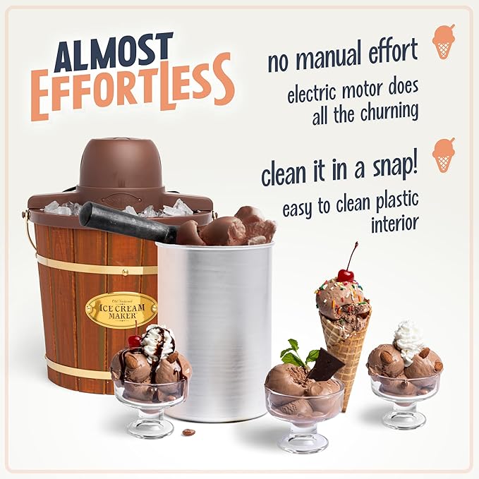 Nostalgia Electric Ice Cream Maker - Old Fashioned Soft Serve Ice Cream Machine Makes Frozen Yogurt or Gelato in Minutes - Fun Kitchen Appliance - Vintage Wooden Style - Dark Wood - 4 Quart