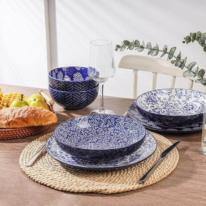 Selamica Ceramic Plates and Bowls Sets, 32 Pieces Dinnerware Sets for 8, Scratch Resistant Embossed Dishes Set for Family Gatherings, Dishwasher & Microwave Safe, Dark Blue