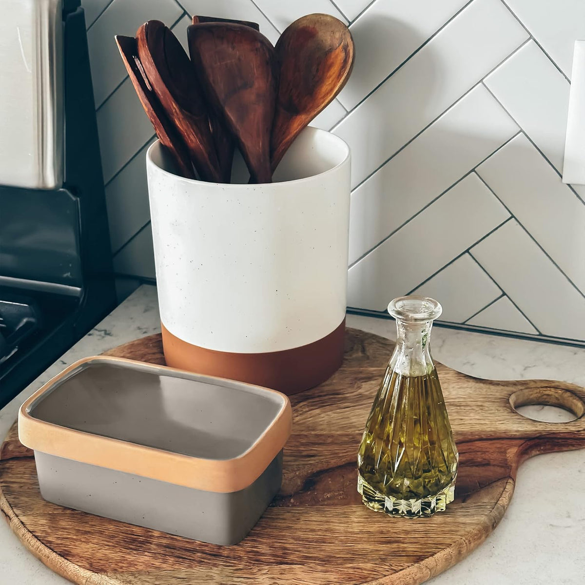Mora Ceramic Two-in-One Butter Dish with Lid, Covered Butter Crock Container to Leave on Countertop - Large Storage Keeper/Holder for Kitchen, Gifts for Her, Butter Tray For Counter - Sesame Milk