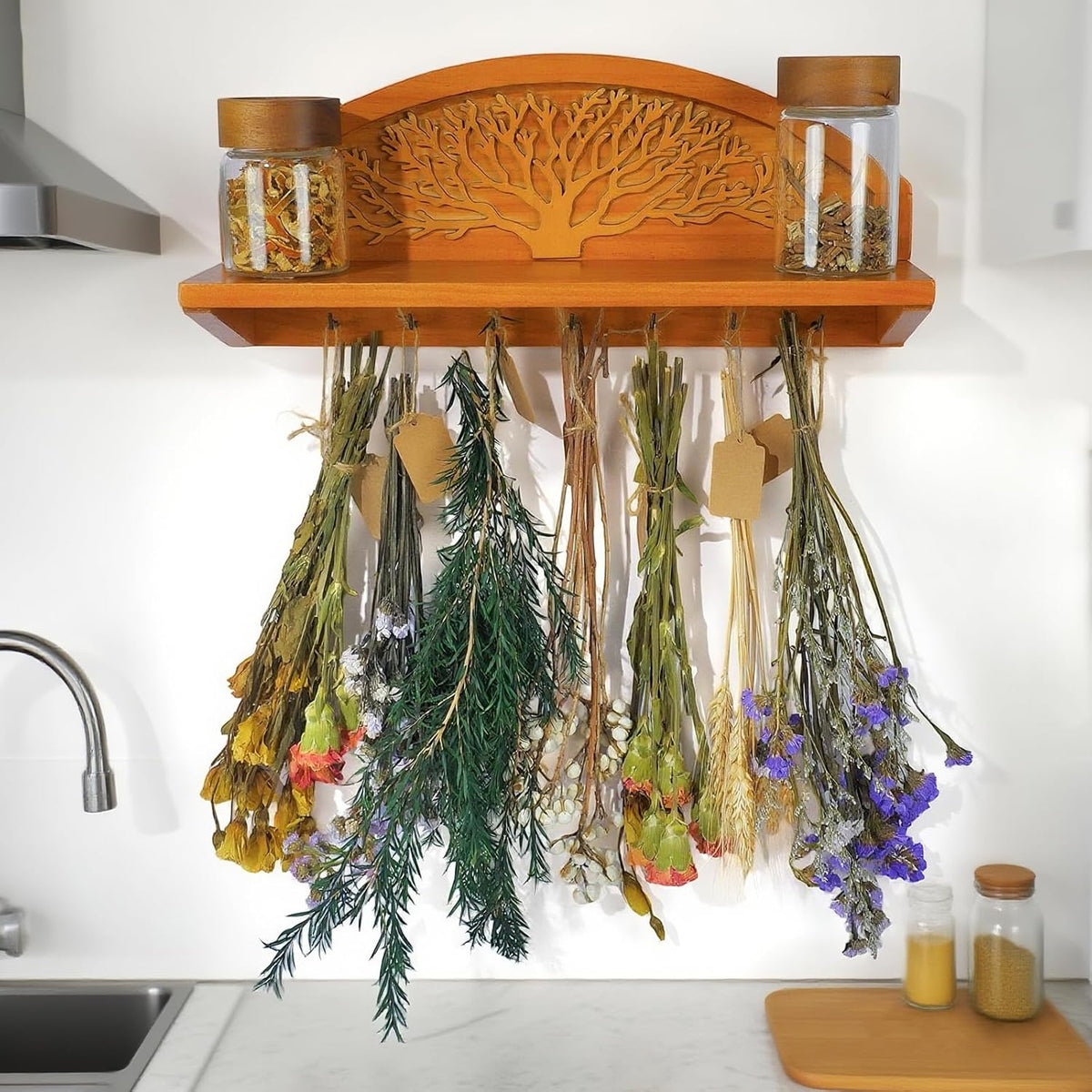 Hanging Herb Drying Rack - Artistic Life Tree Design. Space-Saving Kitchen Flower Dried Grass Display,Holds 7 Bouquets. For Witches & Gardeners Gifts for Crafters, Wall Art Décor