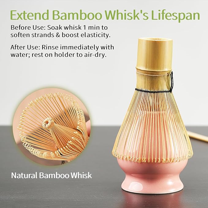 Matcha Whisk Set Matcha Kit: Ceramic Matcha Bowl, Matcha Whisk Holder, Bamboo Whisk(Chasen), Bamboo Scoop, 4Pcs Matcha Tea Set for Matcha Lover, Family Christmas Birthday Gift (Pink)