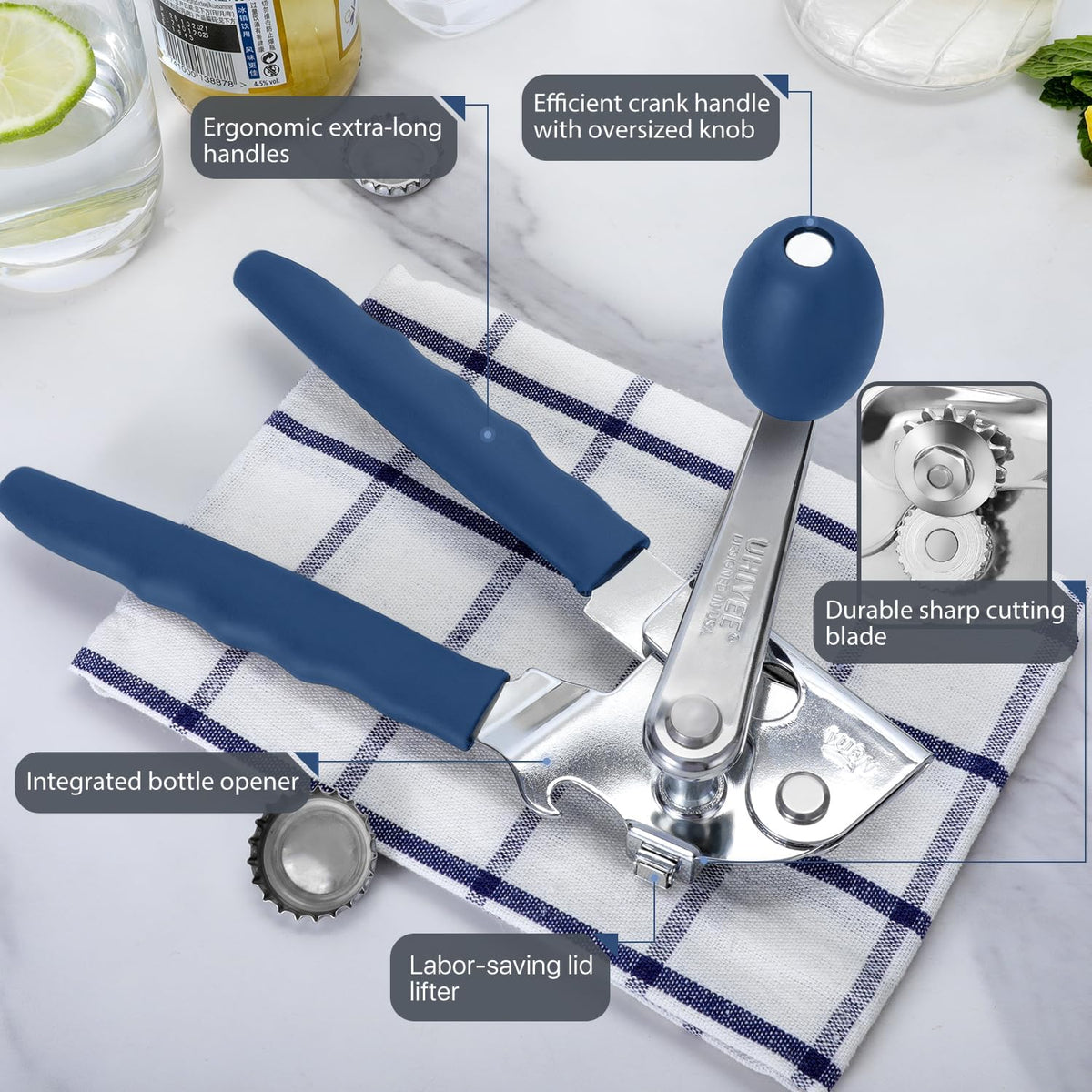 Commercial Can Opener, UHIYEE Hand Crank Can Opener Manual Heavy Duty with Comfortable Extra-long Handles, Oversized Knob, Large Handheld Can Open Easy for Big Cans, Blue