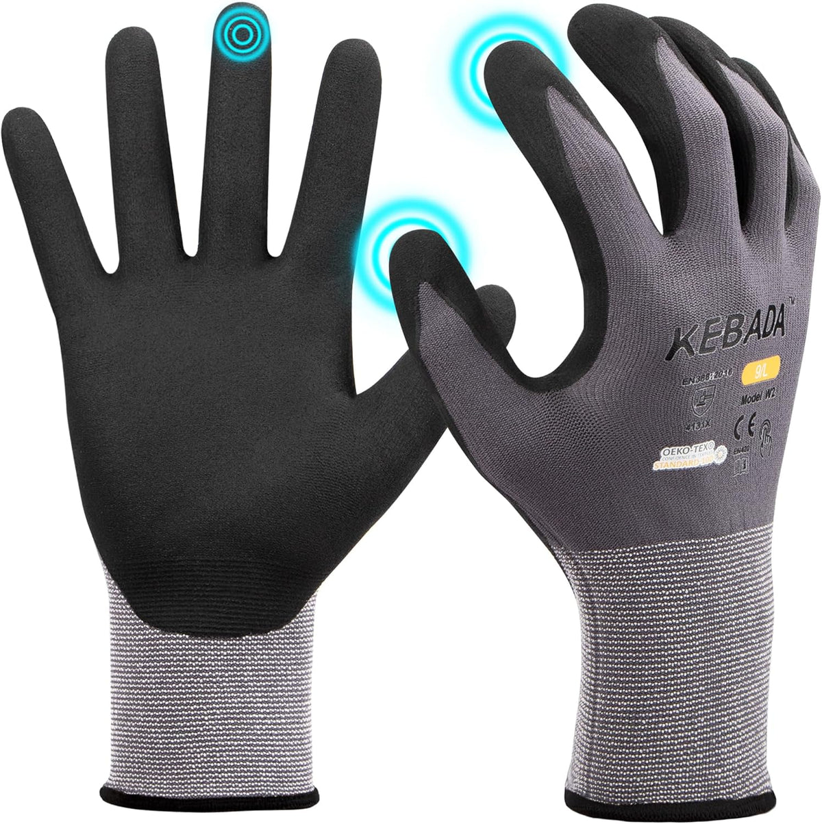 Kebada W2 Safety Work Gloves, Micro-Foam Nitrile Coated Gloves, Touchscreen,Ideal for Package Handling, Gardening, Construction, 1 Pair X-Small