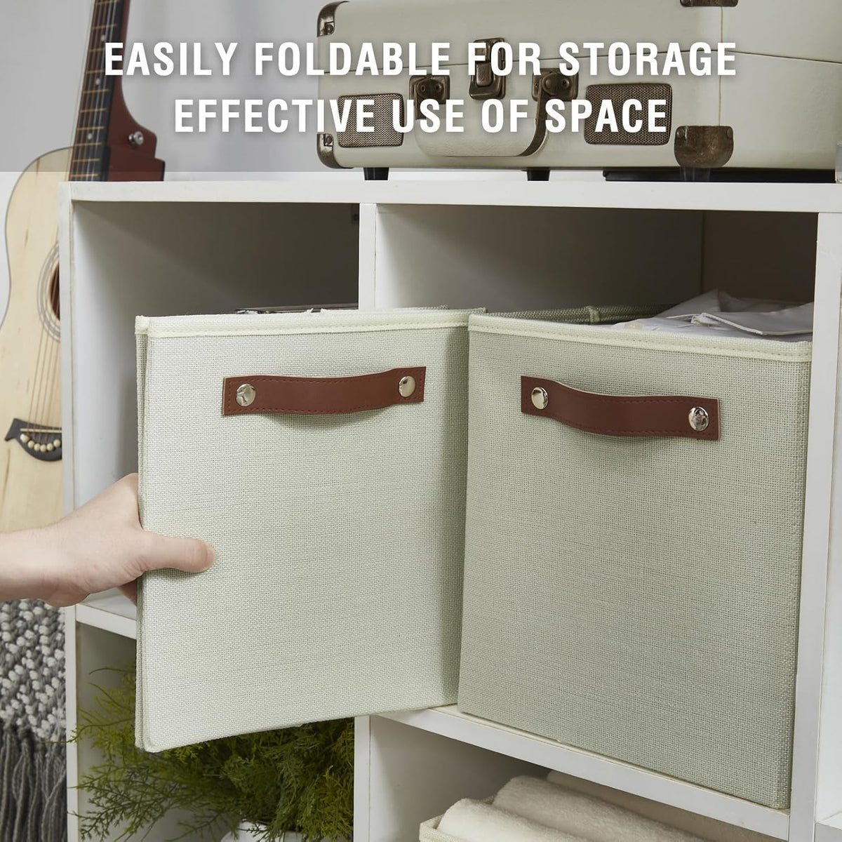 Collapsible Fabric Storage Cube Bins with 2 Reinforced PU Handles, Foldable Storage Organizer Baskets for Closet, Shelves, Living Room | 11"x11"x11", 4 Pack, Sage Green
