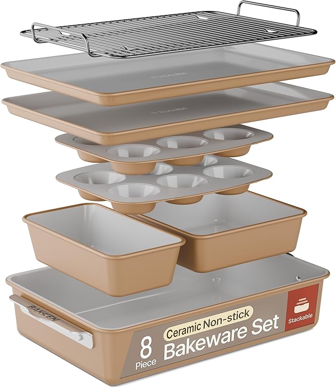 Bakken 8-Piece Stackable Bakeware Set – Ceramic Non-Stick, Oven-Safe Baking Sheets & Pans, PTFE/PFOA/PFOS-Free, Ergonomic Handles, Includes Cooling Rack – Healthy, Non-Toxic Baking Essentials