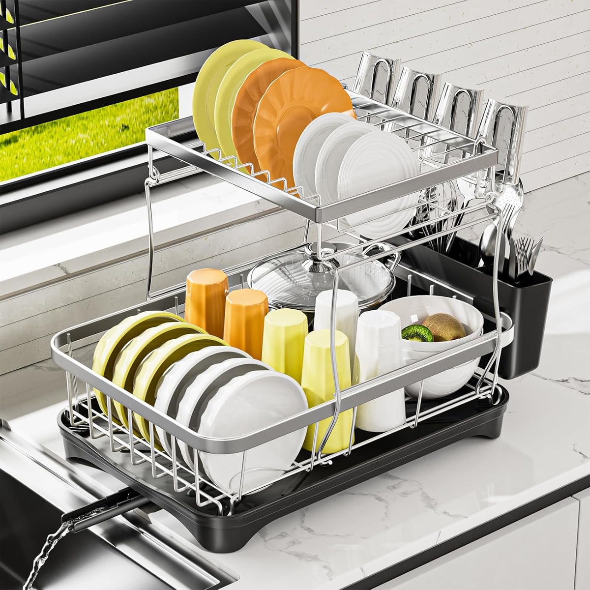 Dish Drying Rack Kitchen 2-Tier 304 Stainless Steel Dish Racks for Kitchen Counter,Dish Strainer with Adjustable Draining Tray,Drying Rack with Water Cup Hook & Cutlery Holder,Black