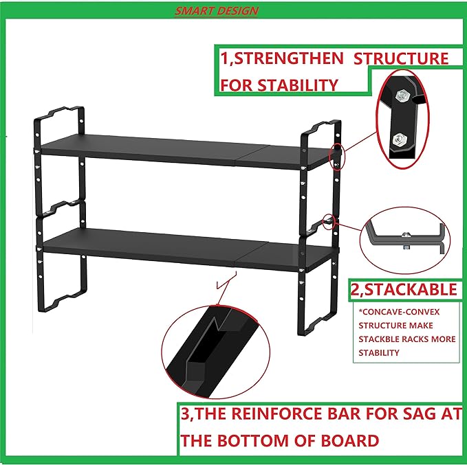 Expandable Shelf for Cabinet Organizer Adjustable and Stackable Spice Rack at Kitchen and Bathroom More, Counter Countertop Cupboard Organization Pantry Storage(LARGE/3PACKS/BLACK)