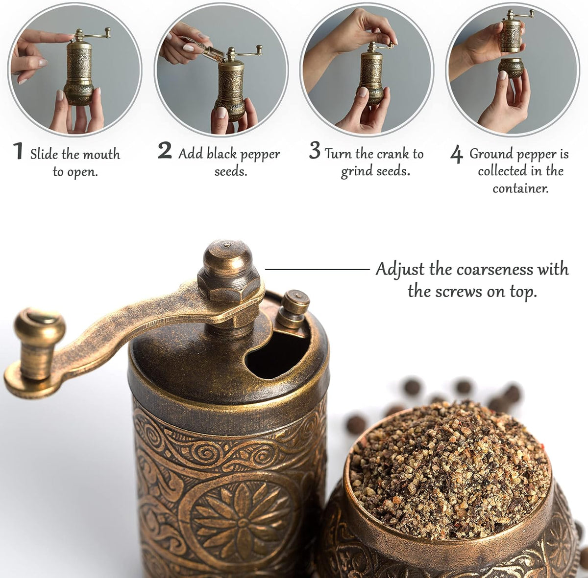 Decorative Black Pepper Grinder, Refillable Turkish Spice Mill with Adjustable Coarseness, Manual Pepper Mill with Handle, Spice Grinder Metal with Hand Crank, Antique Gold
