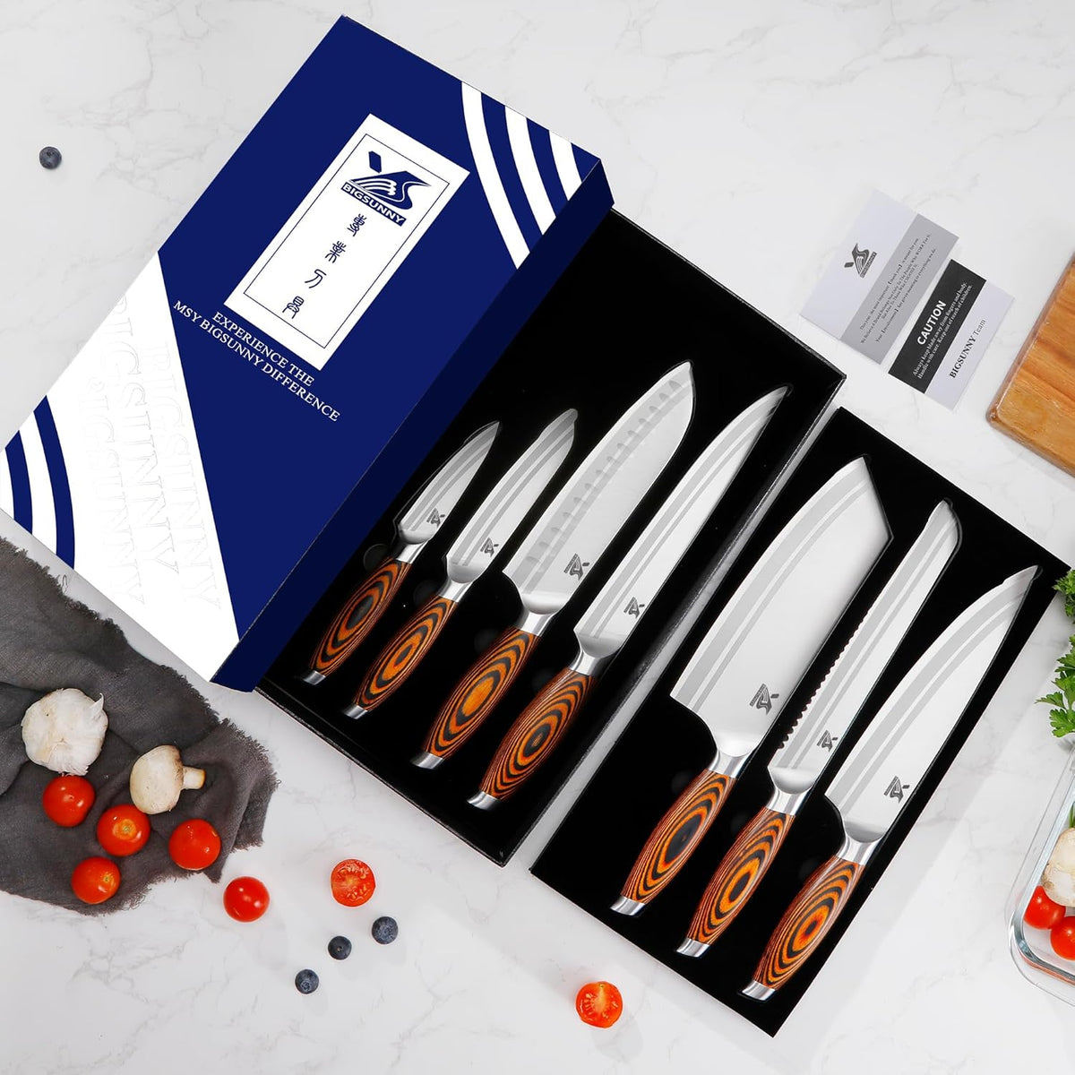 MSY BIGSUNNY 7-PCS Kitchen Knife Set, German Stainless Steel for Chef Knife Set with Pakkawood Handle, Perfect Cutlery Set Gift